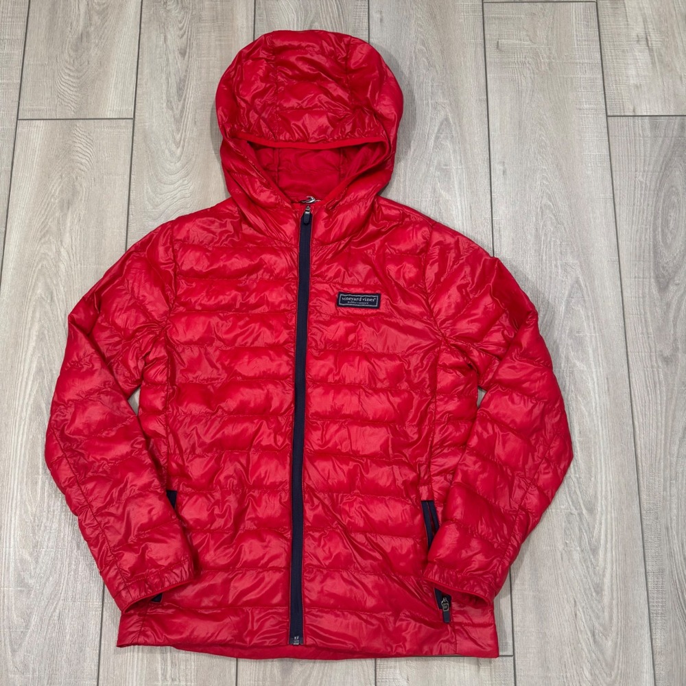 Vineyard Vines Puffer Jacket Women's L Red Quilted Hooded Full Zip Outerwear